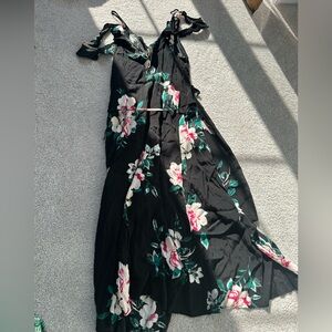 Dynamite Tie Wrap Black Floral Dress with Shoulder Ruffle - Small